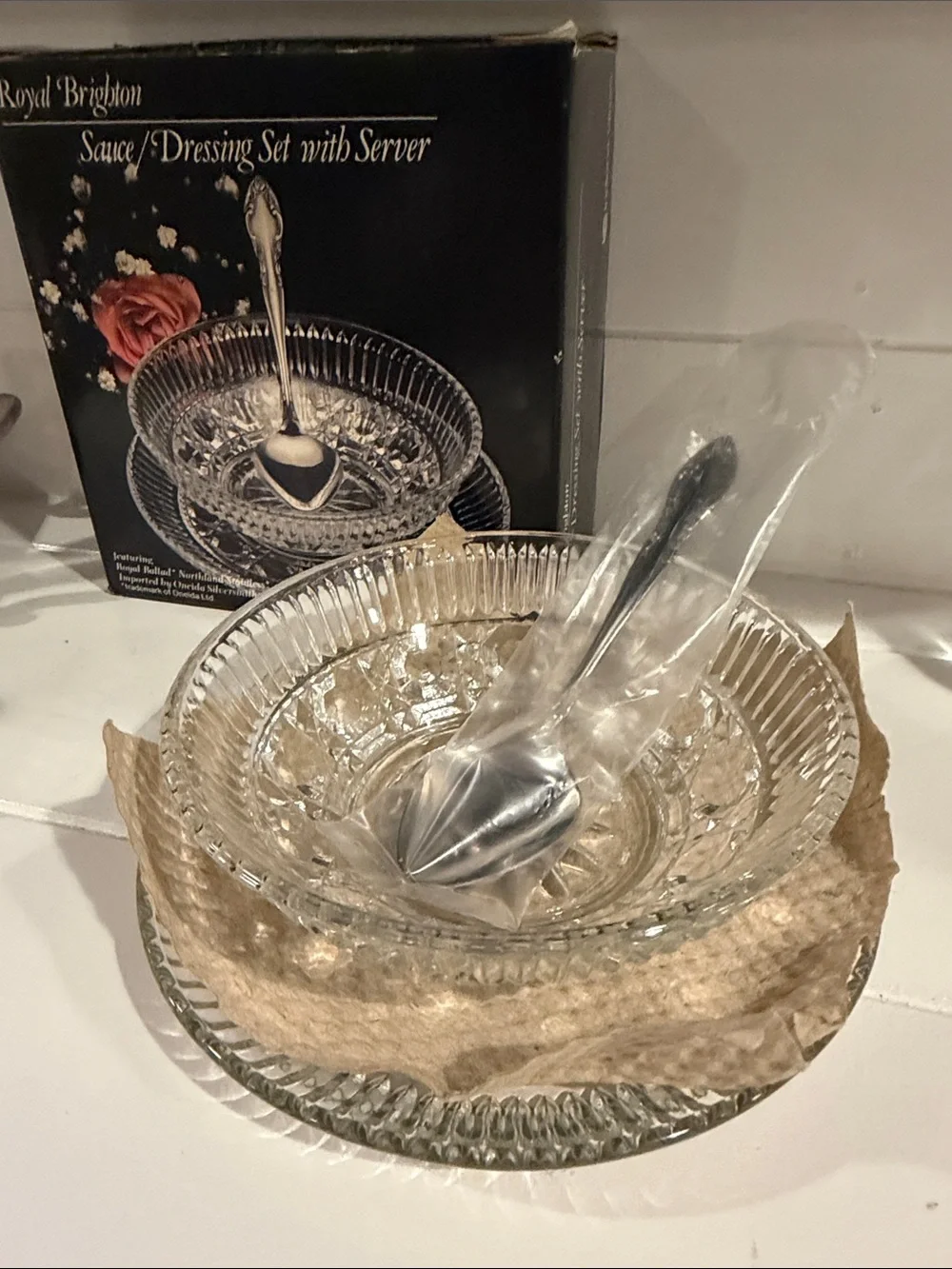 Brighton Clear Pressed Glass Sauce Bowl with Plate and Stainless Spoon